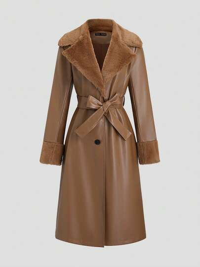 Sweetra Women's Solid Color Long Sleeve Long Faux Fur & PU Leather PatchworTrench Coatet, Autumn/Winter