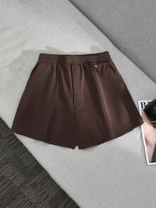 Franclia Plus Size Women PU Leather Shorts With Elastic Waist & Pockets,Elegant Chocolate Brown Summer Casual Leather Shorts,Smart Casual Vacation Shorts - Coffee Brown - View 3