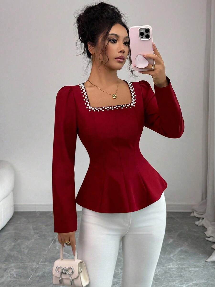 Elenzga Women's Solid Color Square Collar Pearl Decor Waist Cinched Long Sleeve Blouse, Autumn - Burgundy - View 1