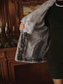 Anewsta Áo khoác cổ lông giả thanh lịch dành cho nữ, trang trọng, sang trọng, thích hợp cho mùa thu, đông, giáng sinh, đi chơi - Xám - Xem 8