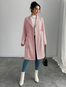 SHEIN PETITE Christmas Women's Elegant Solid Color Faux Suede Mid-Length Regular Jacket Long Coat