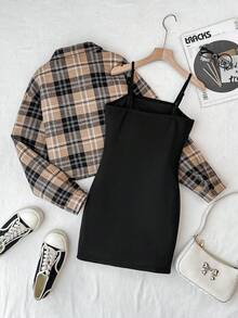 SHEIN 2pcs/Set Teen Girls Khaki Plaid Short Shacket And Bodycon Camisole Dress Outfit, Autumn/Winter Cute Cheap Clothes Girl Clothes Fall Black Dress Plaid Shirt - Khaki - View 2