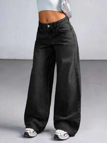 CasuGlow Jeans de pierna ancha con lavado pesado y talle bajo para mujer - Gris Oscuro - Ver 6