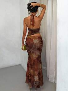 Glamine Vacay Vibes Floral Beach Graphic Print Women's 2pcs Summer Vacation Set, Halter Neck Tied Crop Top And Asymmetrical Ruffle Hem Skirt, Coral, Pink, Ocean Elements, Random Floral Prints Fall Women Clothes Back To School , Christmas,New Year ,Thanksgiving