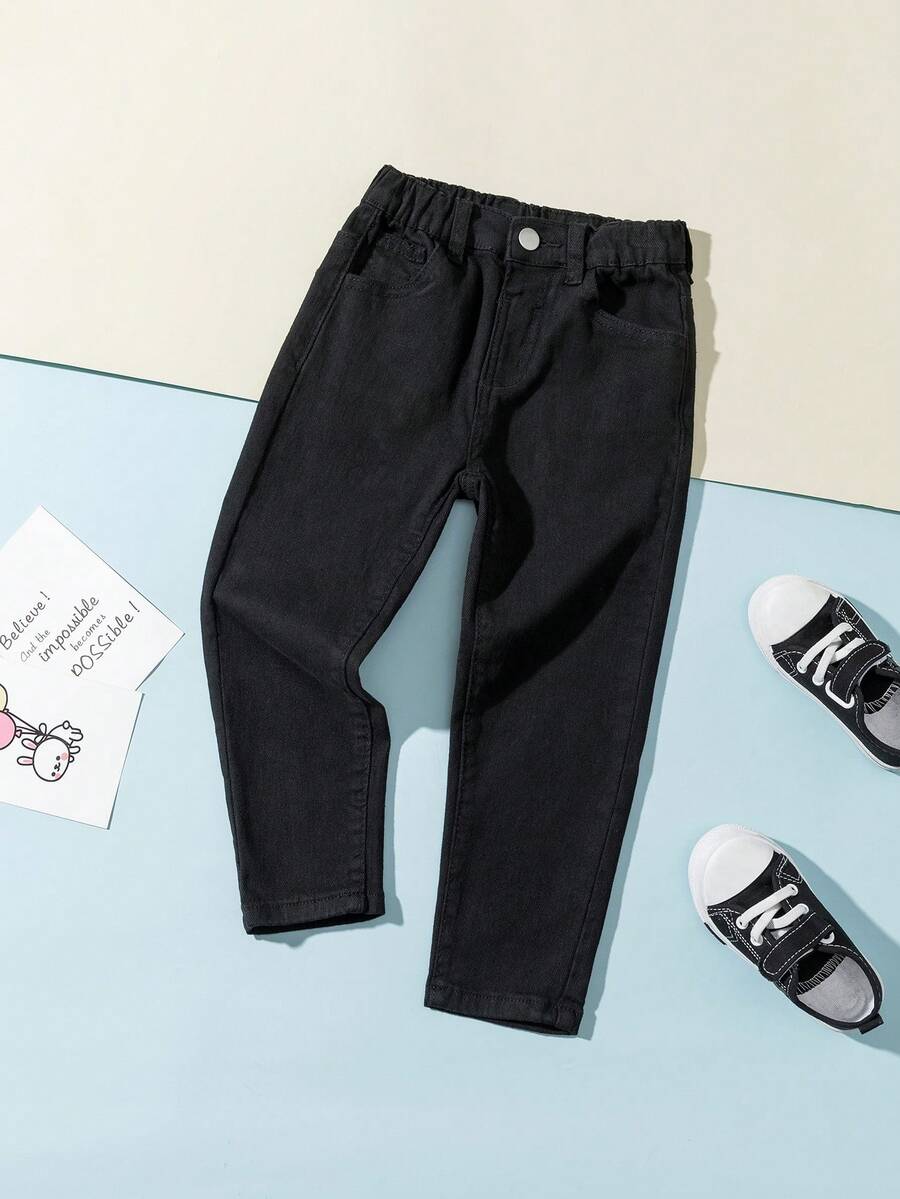 SHEIN Vintaside Kids Toddlers' Casual All-Match 5-Pocket Straight Leg Jeans, Minimalist Versatile Fashion Item For Everyday Wear - Black - View 1