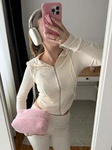 SHEIN EZwear Women Ribbed Knit Thickened 2 Pieces Set, Suitable For Daily Wear, Autumn/Winter - Apricot - View 3