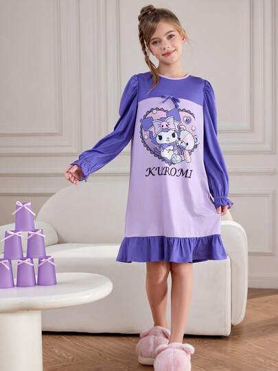 HELLO KITTY AND FRIENDS | SHEIN 少女甜心卡通图案拼色泡泡袖荷叶边下摆 A 字形睡袍