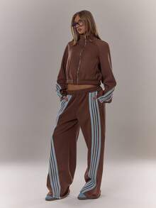 MUSERA 阔腿针织撞色细节运动裤，适合日常穿着，舒适百搭，秋冬季蓝色和棕色 - 彩色 - 查看 5