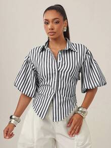 Vixey Blusa de manga larga con cuello y botones con lazo en la espalda - Blanco y Negro - Ver 2