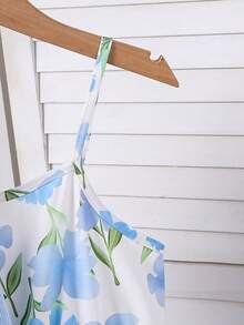 SHEIN Vintaside Kids 2 件套女童休闲罗纹针织开衫，蝴蝶结装饰和简约印花吊带裙，春秋 - 淺藍色 - 查看 3