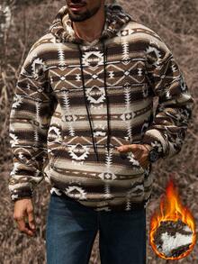 Manfinity Nomadique Men's Fall Winter Geo Pattern Drawstring Hoodie Graphic Sherpa Hoodie Mens Sherpa Hoodie Brown Sherpa Hoodie Sherpa Hoodie Men Boho Outdoor Music Festival, Boyfriend/Husband Gift, Anniversary Gift