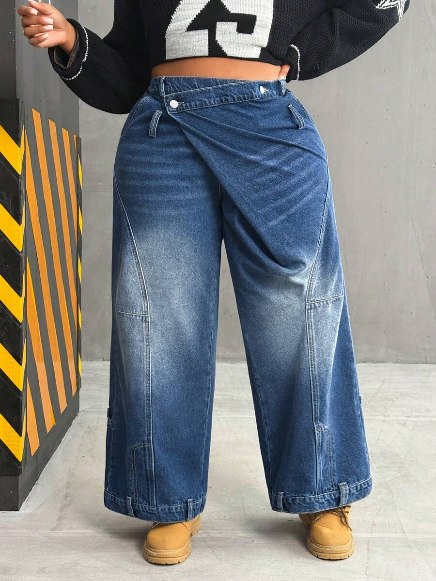 Slaydiva Jeans casuales holgados de pierna ancha con cintura asimétrica para mujer de talla grande