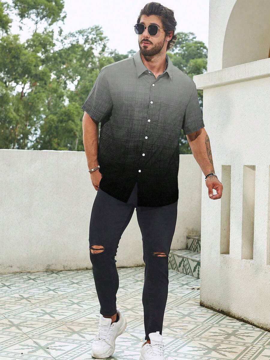 Manfinity Homme Short Sleeve Solid Color Casual Shirt, Suitable For Summer - Black - View 1