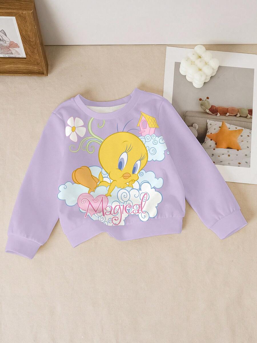 LOONEY TUNES X SHEIN Baby Girl Casual Cute Cartoon Pattern Crew Neck Sweatshirt, Autumn - White - View 1