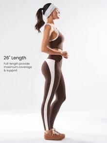 GLOWMODE 26英寸 Powersculpt™ 冬季闪耀弹力透气高压缩速干撞色紧身裤，适合训练、跑步、户外运动和日常活动穿着 - 巧克力棕 - 查看 2