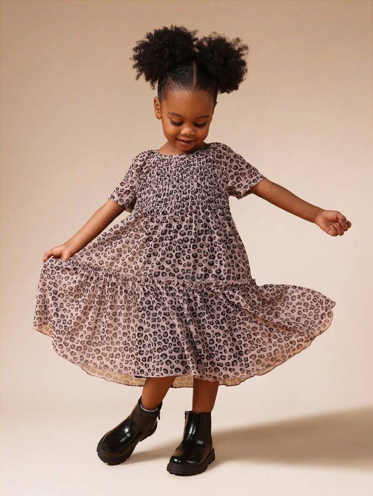 Leopard Print Mesh Dress With Elastic Waist