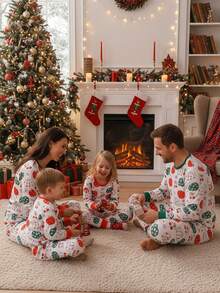 2 Stück Weihnachts-Baby-Mädchen Grafik-Muster Langarm Bodysuit und Leggings Pyjama Set