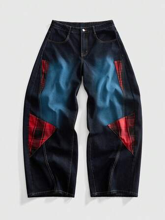 Grunge Punk Jeans déchirés patchwork à carreaux mode homme