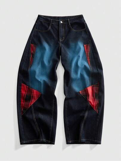Grunge Punk Jeans déchirés patchwork à carreaux mode homme
