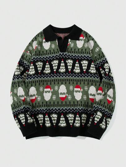 Pull ample en tricot à col V avec motif de Noël contrasté pour hommes, style décontracté, épaules tombantes, automne/hiver