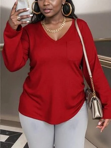 INAWLY 秋季大码纯色休闲长袖T恤 - 紅色 - 查看 1