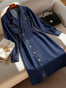 GlowEve 女式前扣长袖牛仔连衣裙，百搭蓝色 - 藍色 - 查看 1