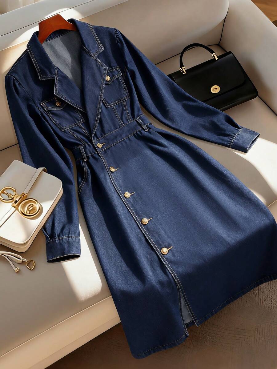 GlowEve 女式前扣长袖牛仔连衣裙，百搭蓝色 - 藍色 - 查看 1