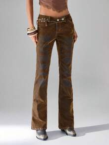 TRNVIE Women's Casual Street Style Flocked Denim Pants - Brown - View 5