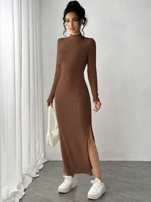 Siren Gaze 女士长款侧开衩高领长袖连衣裙，女士连衣裙罗纹连衣裙长款连衣裙冬季长款毛衣连衣裙长款紧身连衣裙开衩连衣裙 - 棕色 - 查看 3