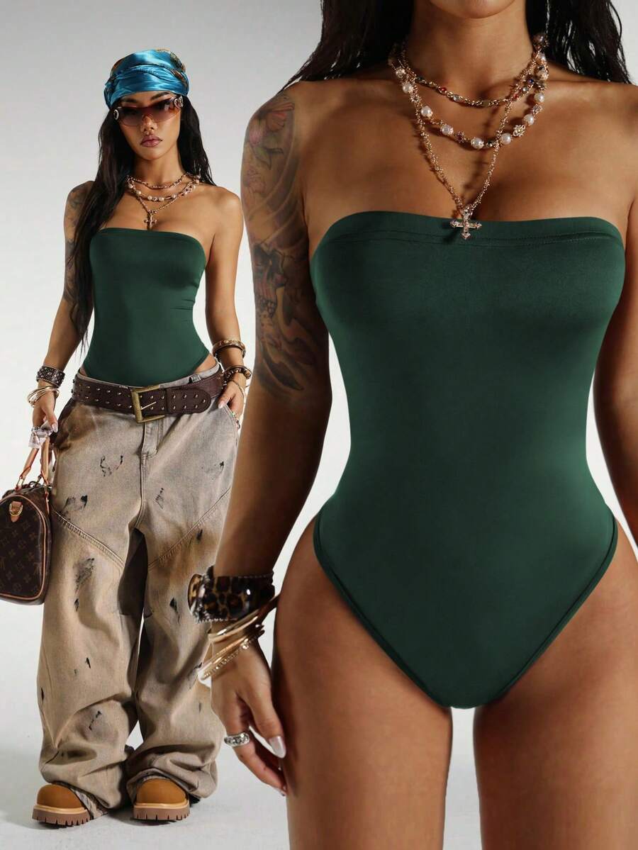 StreetHx Streetwear Women's Sleeveless Strapless Bodysuit, Summer - Dark Green - View 1