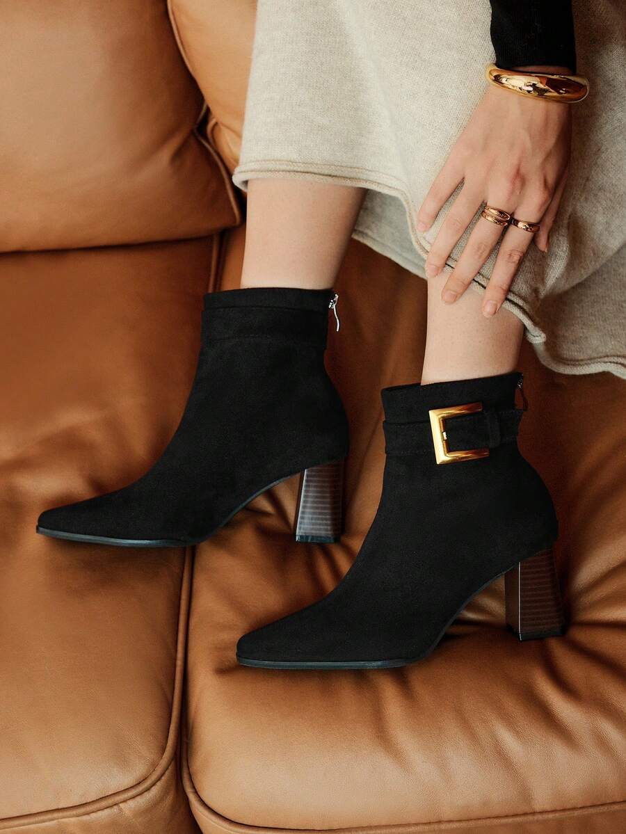 CUCCOO BIZCHIC 畅销金扣绒面革踝靴 - 女式粗跟拉链短靴，时尚百搭的轻奢材质，2双鞋 - 黑色 - 查看 1