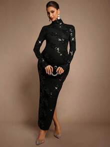 MaterniChic Maternity Fashionable Party Sequin High Neck Bodycon Dress