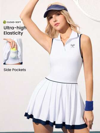 CourtClass Vestido deportivo de mujer con cuello polo, sin mangas, con estampado de letras y shorts