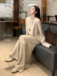 DAZY Women's Crew Neck Lace Patchwork Sweater Long Sleeve & Skirt 2 Pieces Set - Khaki - View 1