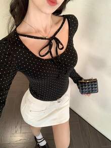 DAZY 女式圆领波点袖口系带长袖休闲T恤 - 黑色 - 查看 2