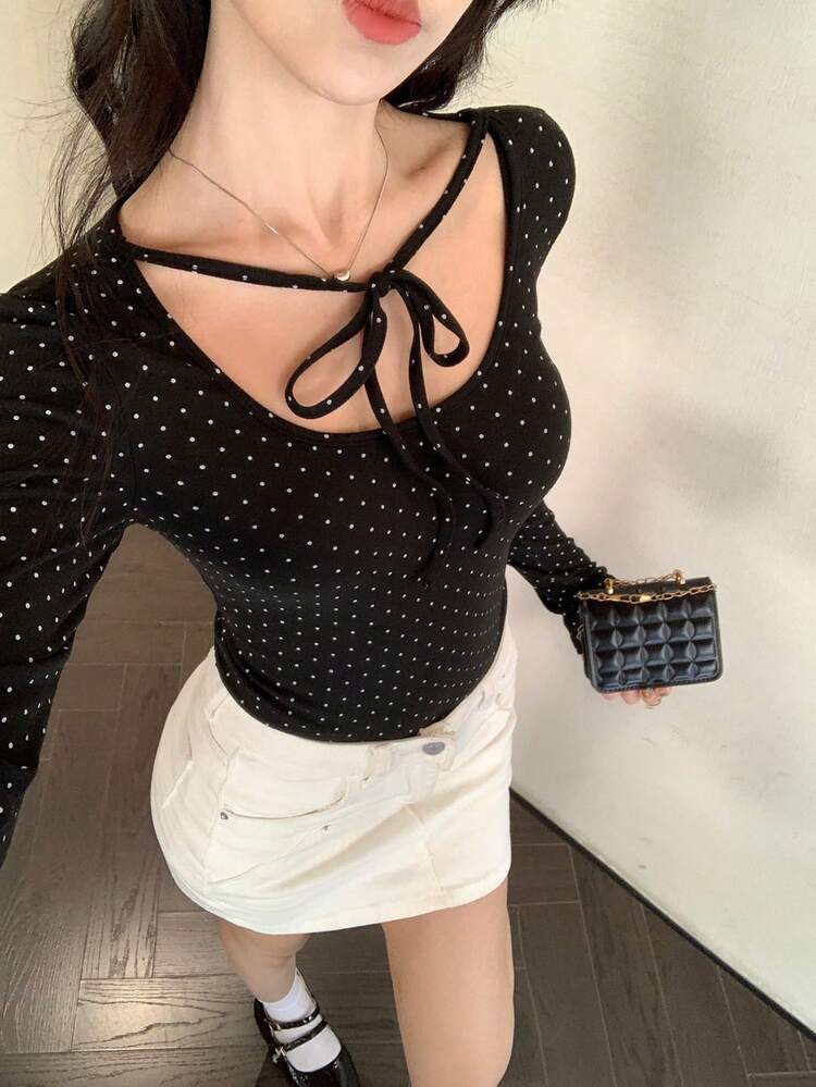 Women's Round Neck Polka Dot Tie Cuff Long Sleeve Casual T-Shirt