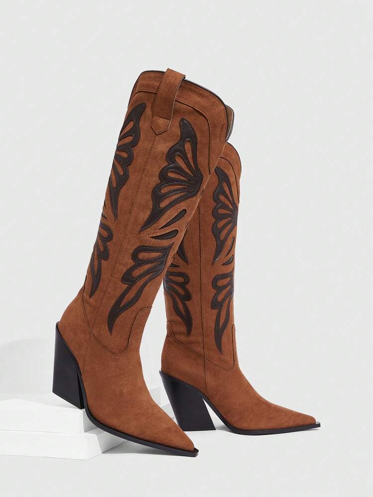 CUCCOO SZL Brown Pointed Toe Chunky Heel Color Block Chelsea Riding Knee-High Boots For Women, Autumn/Winter