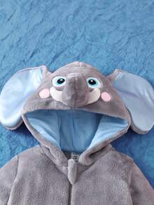 SHEIN Newborn Cute Plush 3D Bear Ear Hooded Long Sleeve Jumpsuit Outfit - Light Grey - View 4