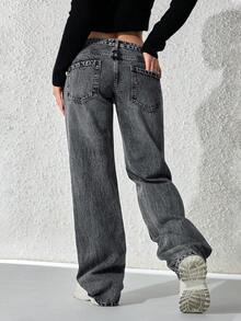 SHEIN ICON Jeans rectos de tiro bajo lavados para mujer - Negro - Ver 2