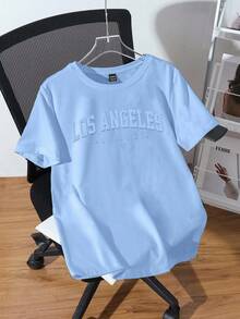 SHEIN EZwear Oversized Casual 3D Embossed English Slogan Graphic Round Neck Short Sleeve Loose T-Shirt For Women - Baby Blue - View 2