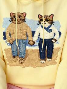 CovetEZ Moletom casual minimalista com capuz e estampa de urso amarelo-creme, moletom folgado de manga comprida com estampa chique amarelo-creme para mulheres, outono/inverno