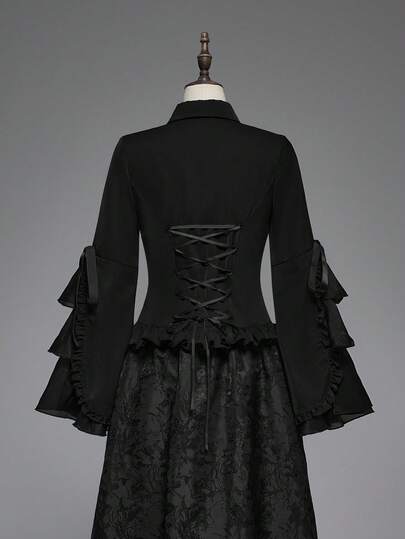 Goth Blouse femme vintage de style gothique à manches évasées multicouches avec nœud à la taille