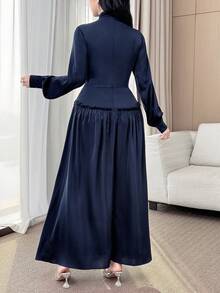 Feyla Damen elegantes Partykleid Einfarbig mit Schleifen-Kragen - marineblau - Übersicht 2