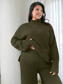 EURMUSE Suéter informal con cuello alto y cordones para tallas grandes - Verde militar - Ver 3