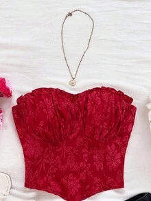 Soleia Damen Urlaub rotes sexy gerafftes strukturiertes Stoff Bandeau Volant Bodycon Top, für Party, Date Night, Valentinstag, Nachmittagstee