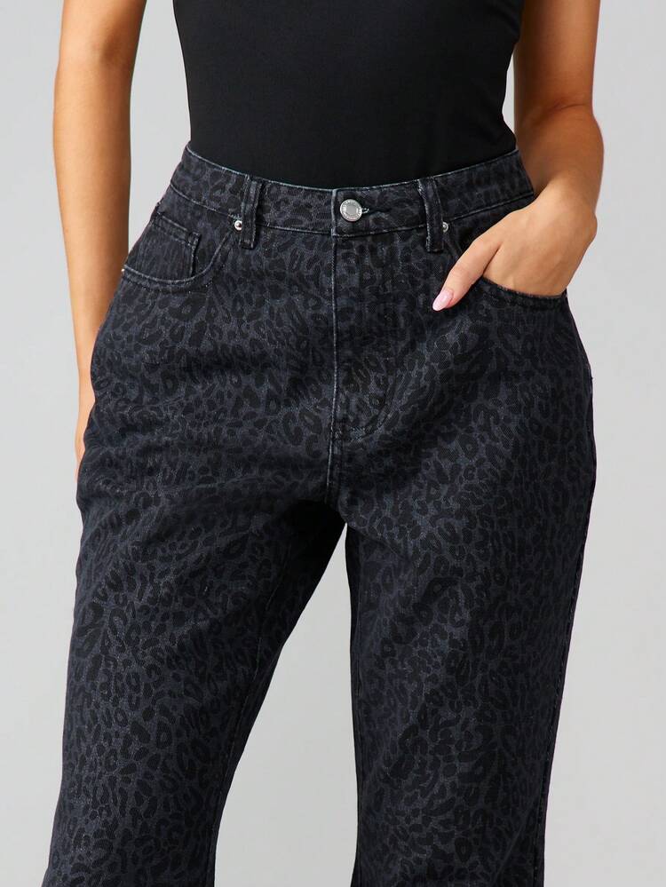 MISSGUIDED High Rise Flared Leopard Print Jeans Wide Leg Bell Bottom Animal Print Denim Pants Fashion Statement Piece