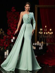 Glamrae Elegant Dark Green Textured Knit Dress,Handmade Sequin Applique Embellishments,One-Shoulder Puffy Long-Sleeved Fishtail Skirt With Train Evening Gown - Green - View 8