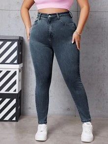 SHEIN ICON 大码女式高腰口袋紧身休闲百搭牛仔裤 - 藍色 - 查看 5
