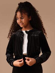 SUMWON 秋冬款女童天鹅绒连帽卫衣套装，带蝴蝶钻石细节连帽 - 黑色 - 查看 4