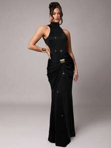 Silquee 女士优雅派对露背挂脖亮片连衣裙 - 黑色 - 查看 4